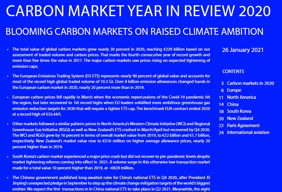 2020年碳市场回顾：全球碳市场总值增长了19%