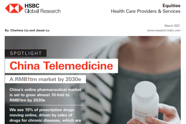 汇丰银行中国远程医疗预测报告：2030在线医药市场规模达1万亿元