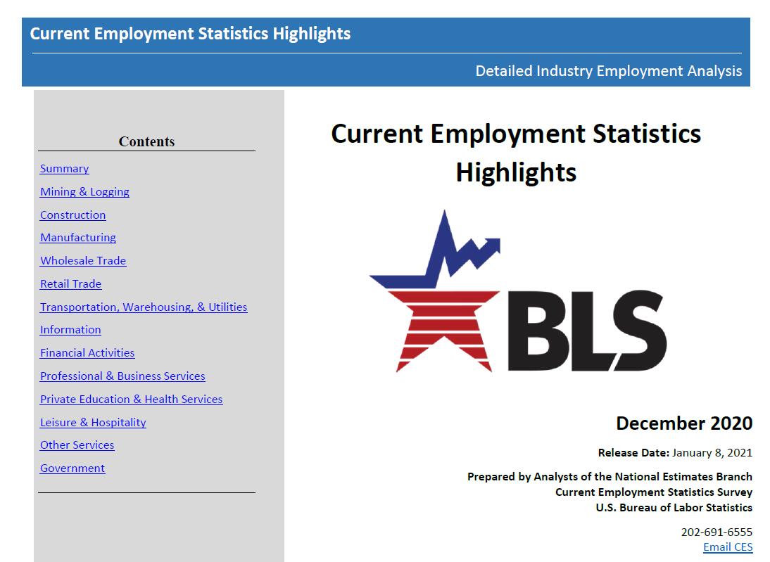 美国劳工统计局(BLS)：2020年美国就业统计数据报告